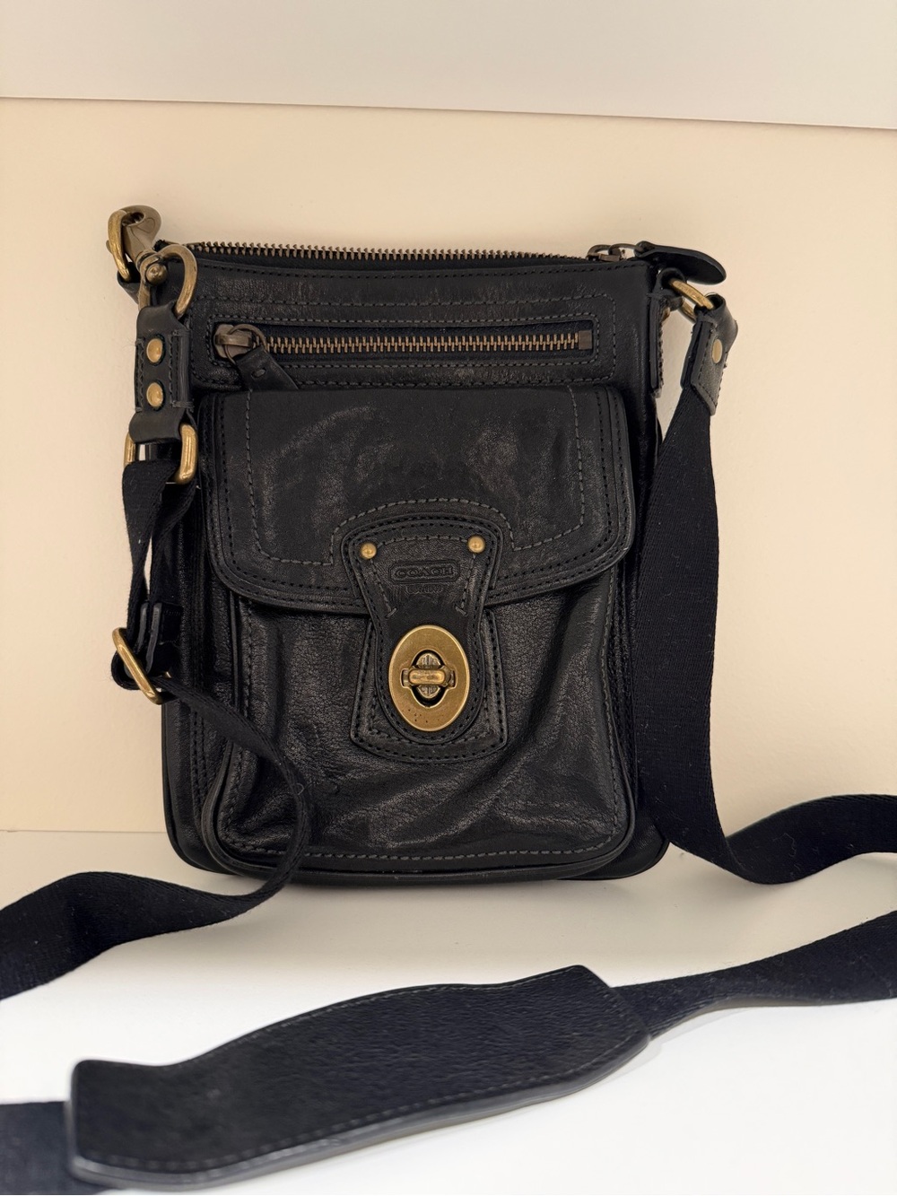 Coach Black Leather Crossbody with Brass-Tone Turnlock